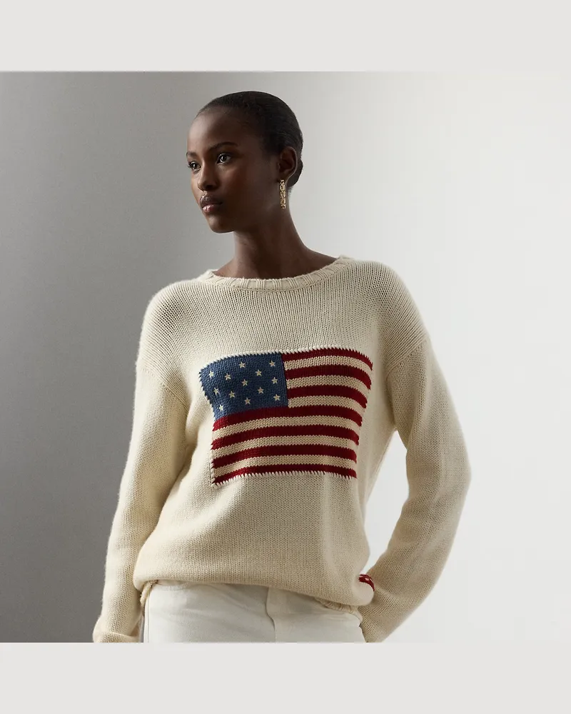 Ralph Lauren Kaschmir-Rundhalspullover mit US-Flagge Cream