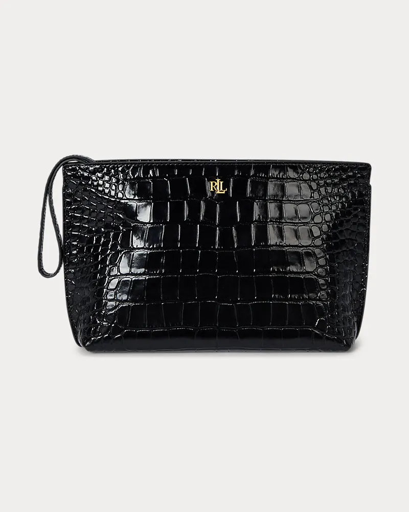 Ralph Lauren Große Lederpochette mit Krokodilprägung Black