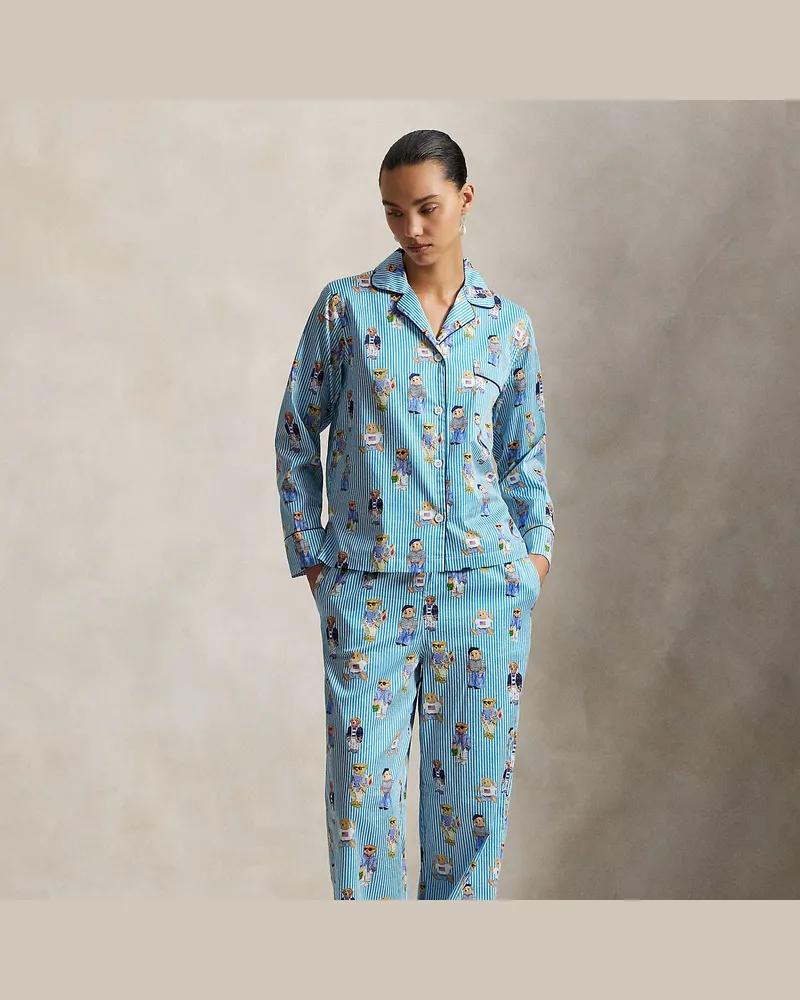 Ralph Lauren Baumwollatlas-Pyjama mit Polo Bear Blue