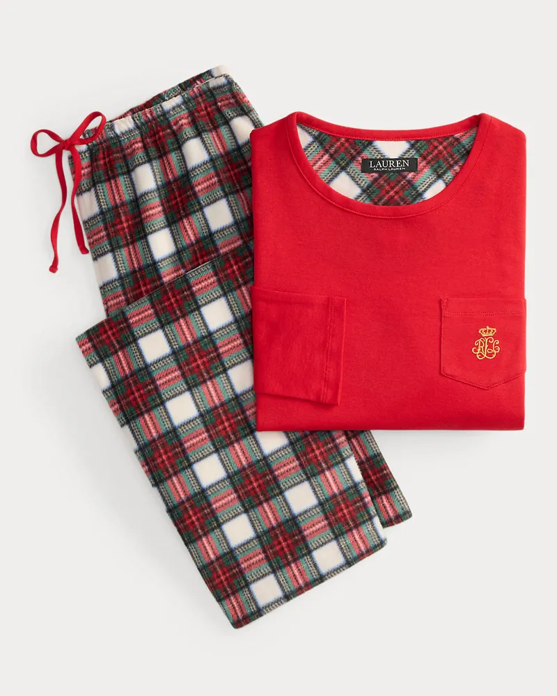 Ralph Lauren Kariertes Fleece-Rippenstrick-Pyjamaset White
