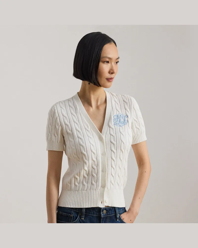 Ralph Lauren Kurzärmlige Strickjacke mit Zopfmuster White