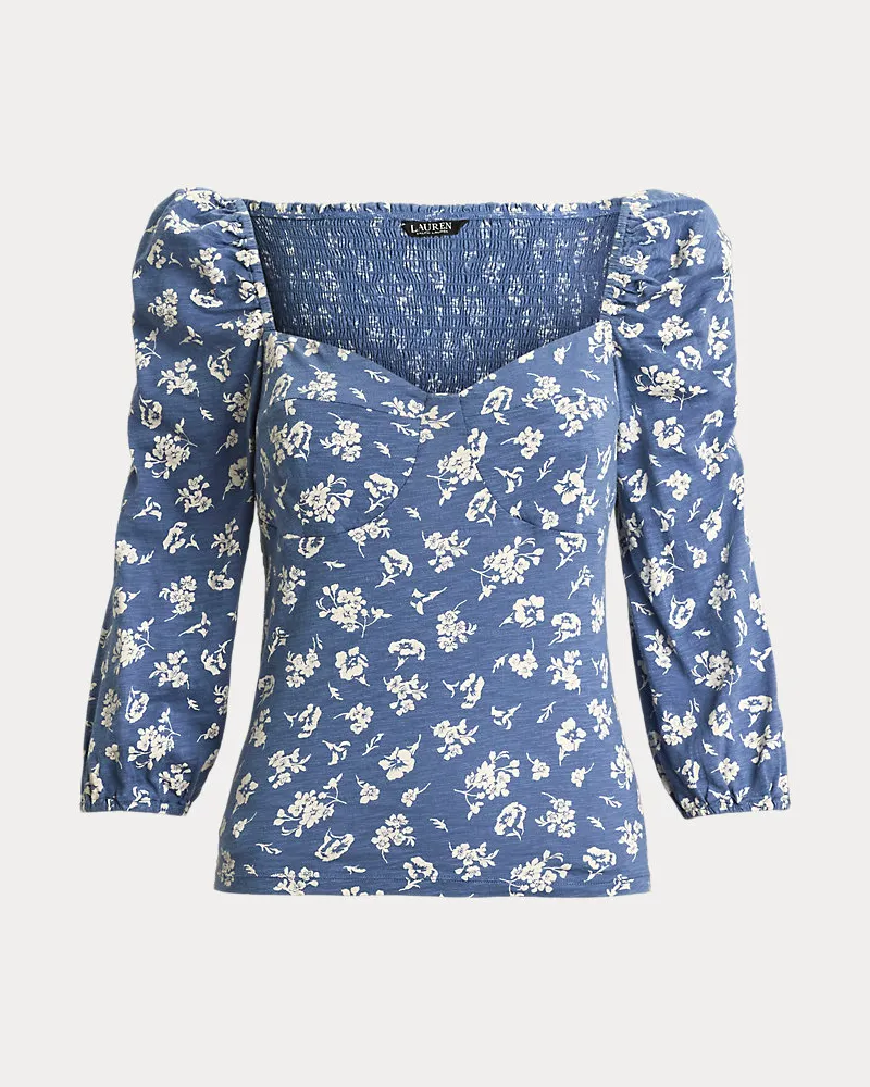 Ralph Lauren Geblümtes Jersey-Oberteil mit Puffärmeln Blue