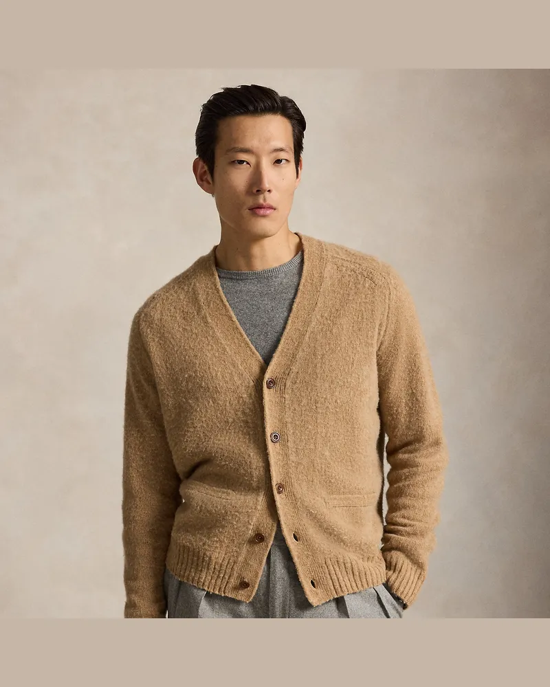 Ralph Lauren Woll-Kaschmir-Cardigan mit Wildleder Tan