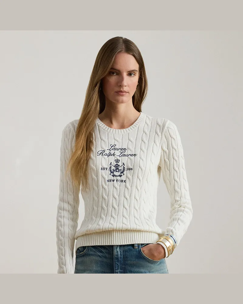 Ralph Lauren Kurzgrößen - Zopfmusterpullover mit gesticktem Wappen White