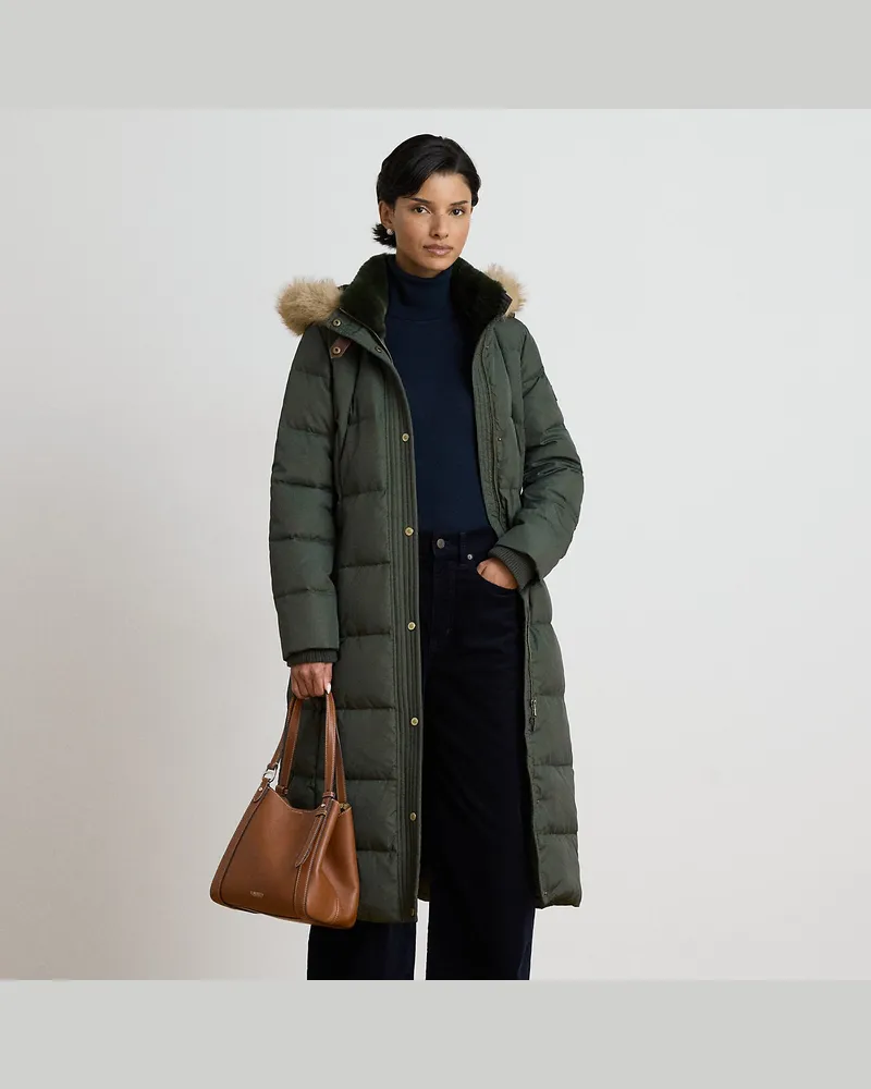 Ralph Lauren Daunen-Steppmantel mit Kapuze und Besatz Green