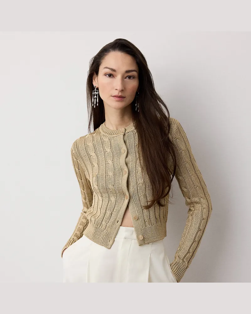 Ralph Lauren Kurze Zopfmuster-Strickjacke aus Seide Tan