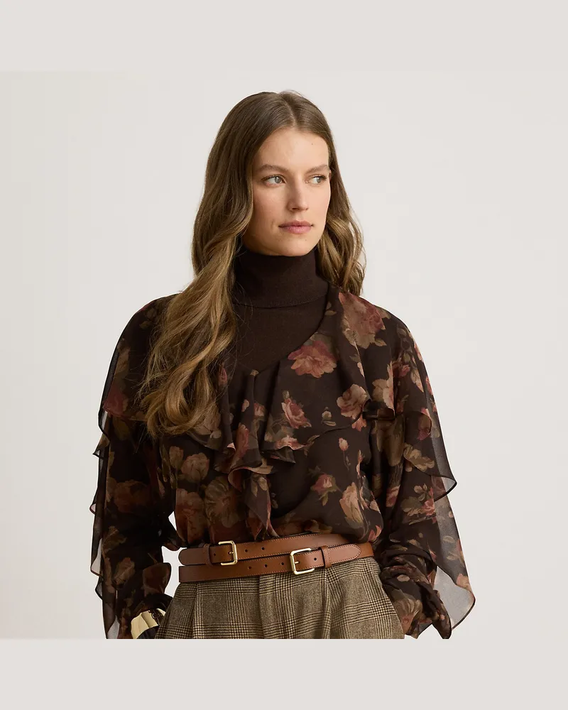 Ralph Lauren Geblümte Chiffonbluse mit Rüschenbesatz Brown