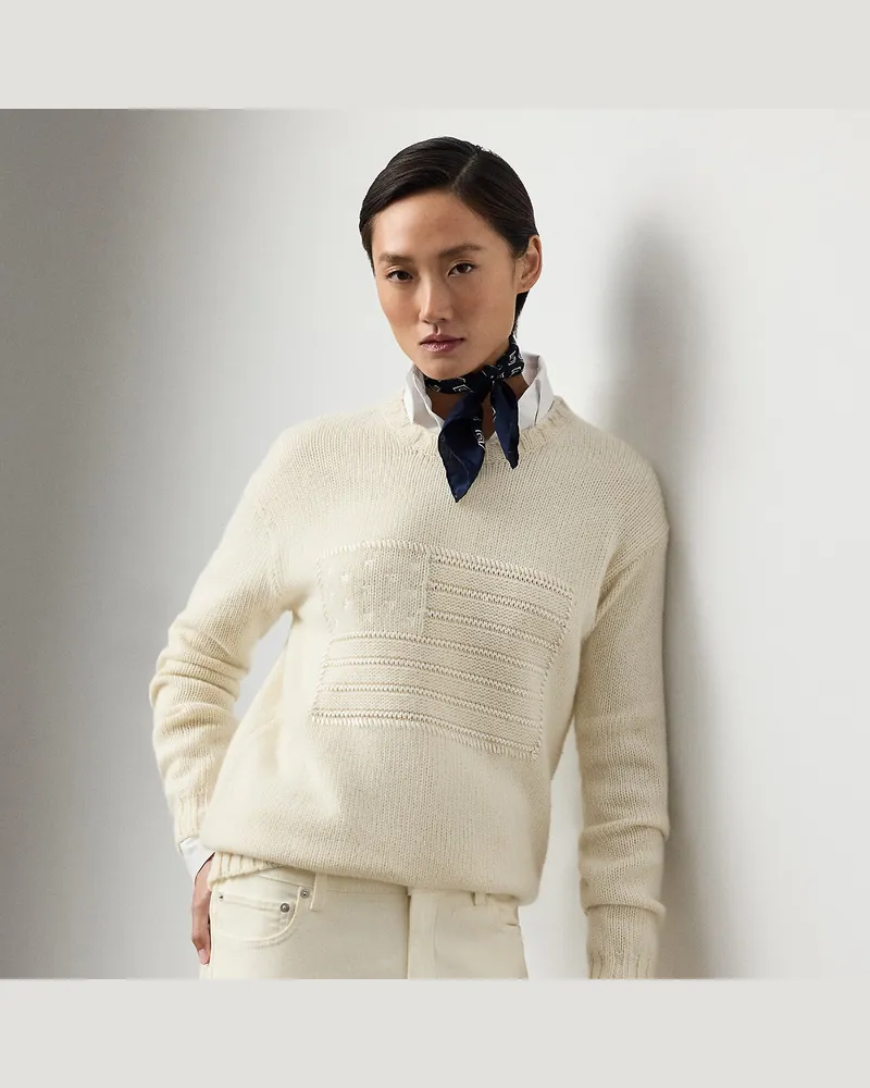 Ralph Lauren Kaschmir-Rundhalspullover mit US-Flagge Cream