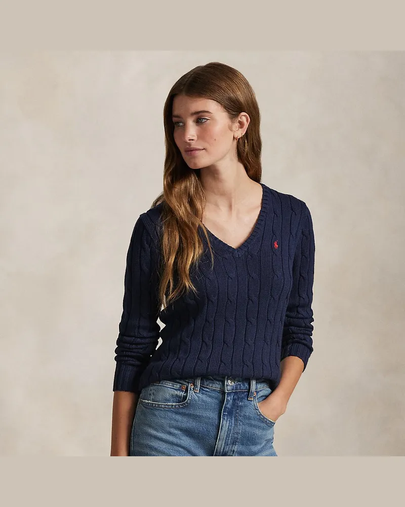 Ralph Lauren Zopfmusterpullover mit V-Ausschnitt Blue