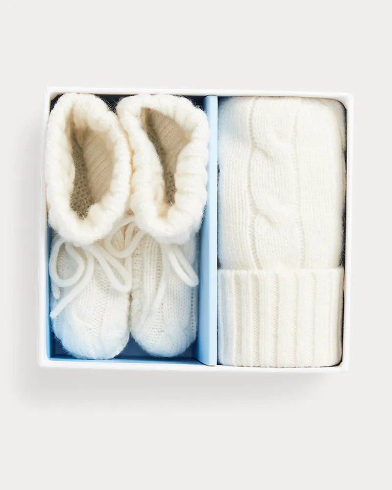 Ralph Lauren Kaschmirmütze und Babyschuhe im Set White