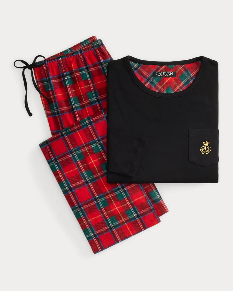 Ralph Lauren Kariertes Fleece-Rippenstrick-Pyjamaset Red
