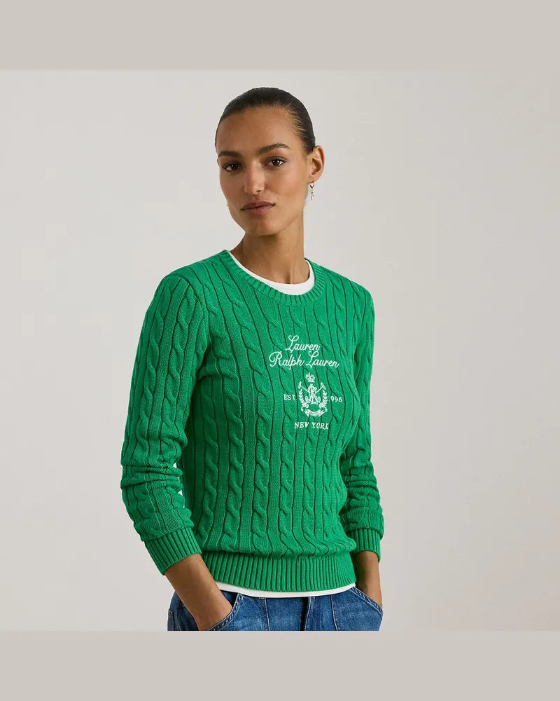 Ralph Lauren Zopfmusterpullover mit gesticktem Wappen Green