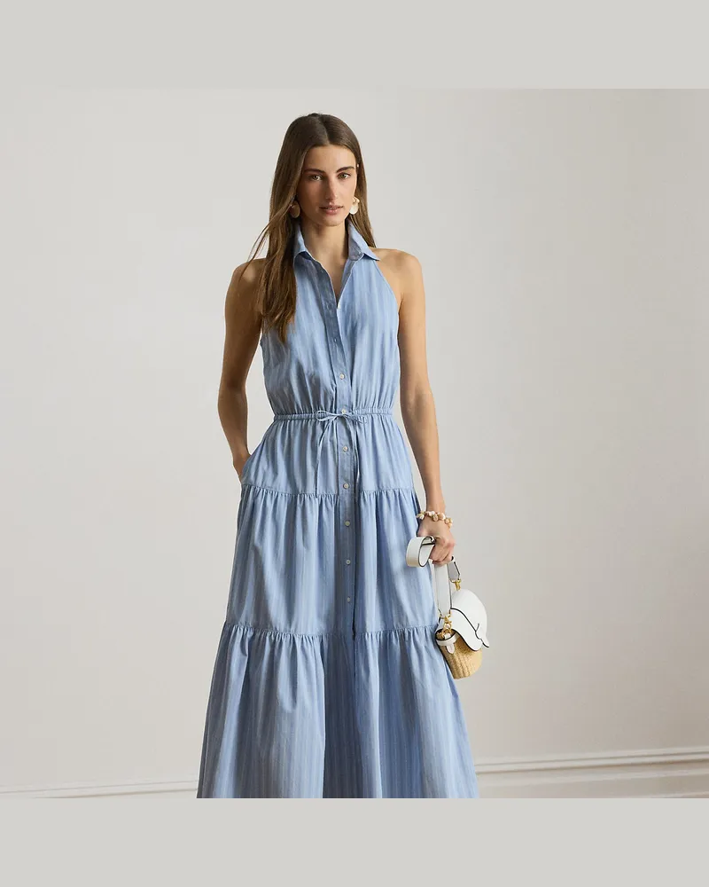 Ralph Lauren Gestuftes Baumwollhemdkleid mit Streifen Blue