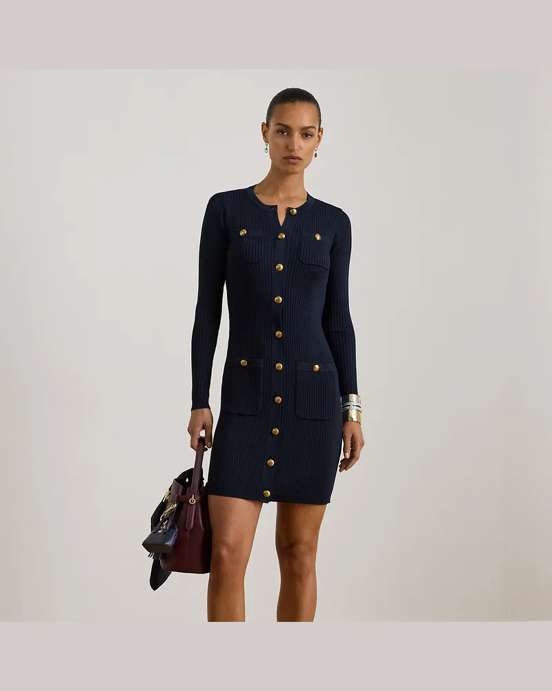 Ralph Lauren Rippenstrick-Pulloverkleid mit Besatz Blue