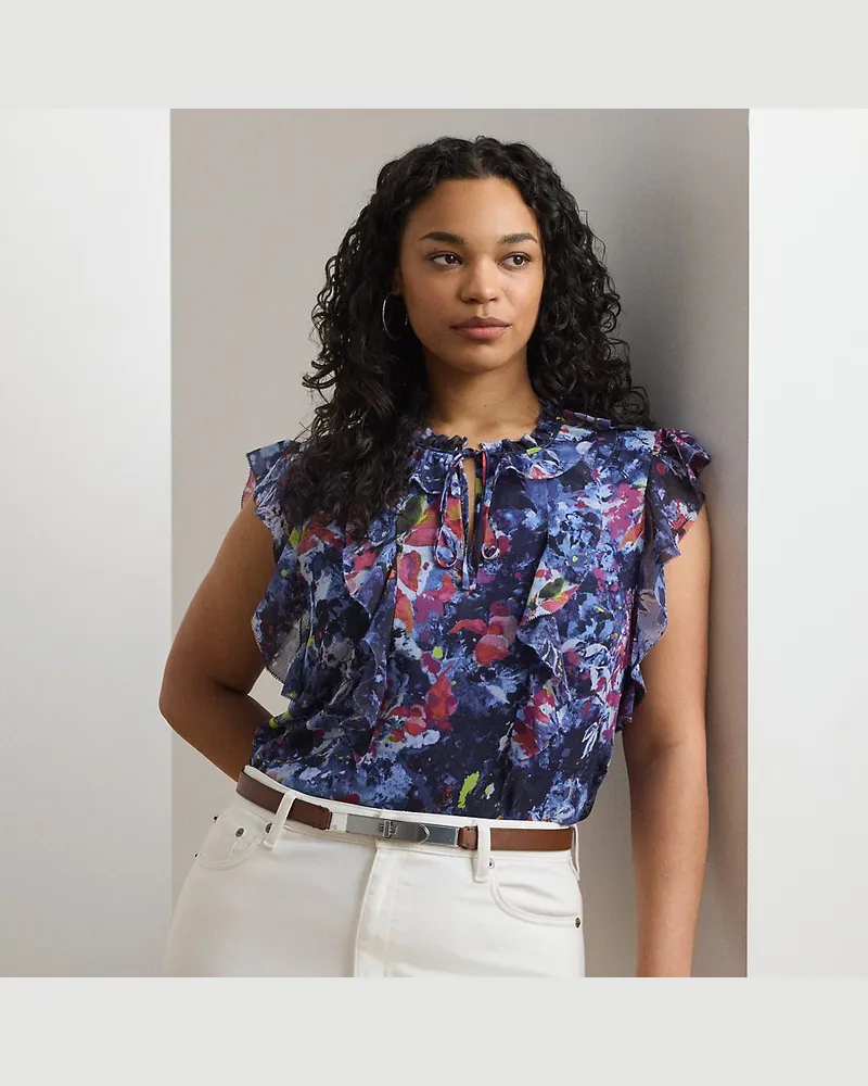 Ralph Lauren Plus Größen - Georgette-Bluse mit Rüschen und Druck Blue