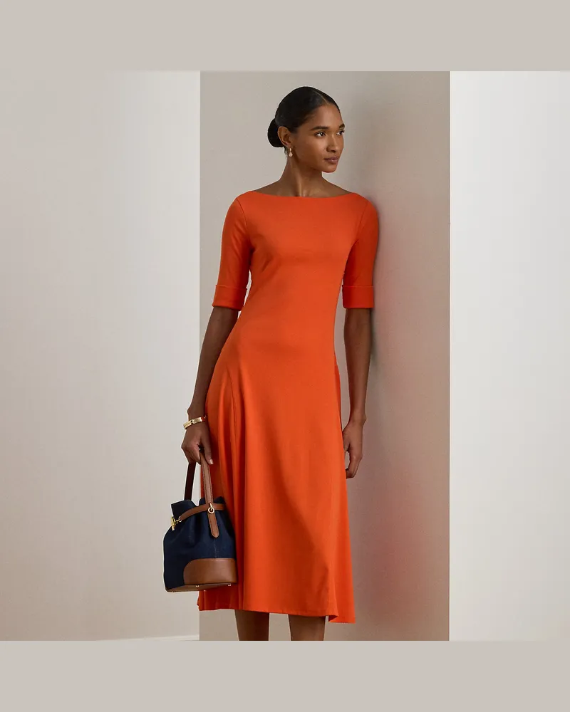 Ralph Lauren Geripptes Midikleid aus Baumwollstretch Orange