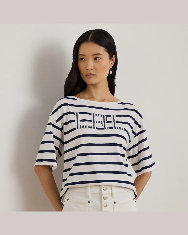 Ralph Lauren Gestreiftes T-Shirt mit Perlenlogo White