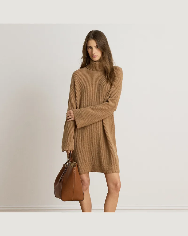 Ralph Lauren Woll-Kaschmir-Kleid mit Rollkragen Tan
