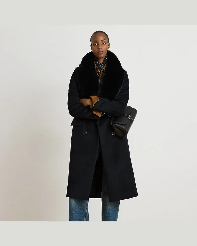 Ralph Lauren Zweireihiger Mantel mit Kunstfellbesatz Black