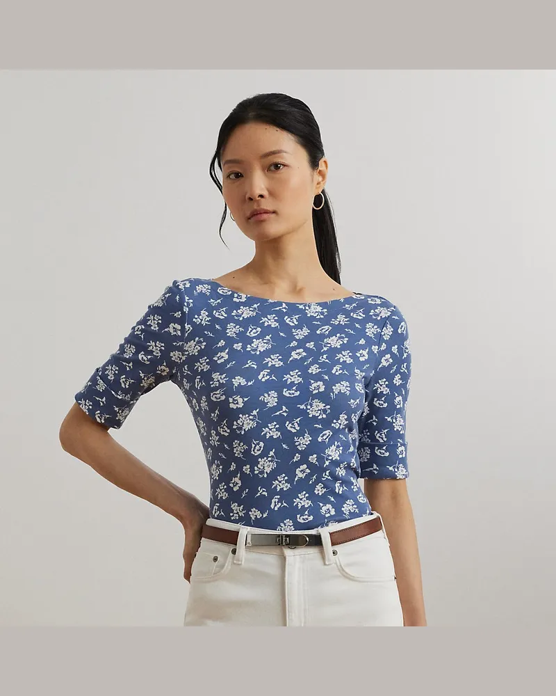 Ralph Lauren Kurzgrößen - Geblümtes T-Shirt mit U-Boot-Ausschnitt Blue