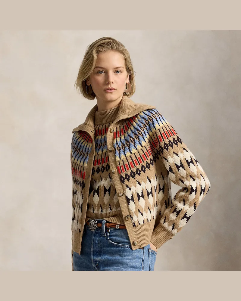 Ralph Lauren Gemusterte Woll-Kaschmir-Strickjacke Tan