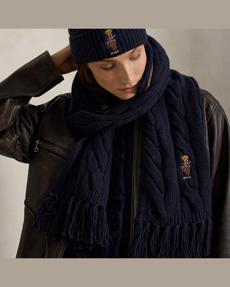 Ralph Lauren Schal mit Zopfmuster und Polo Bear Blue