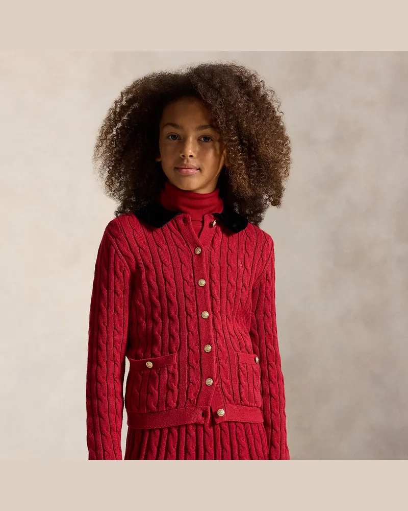 Ralph Lauren Cardigan mit Zopfmuster und Samtbesatz Red