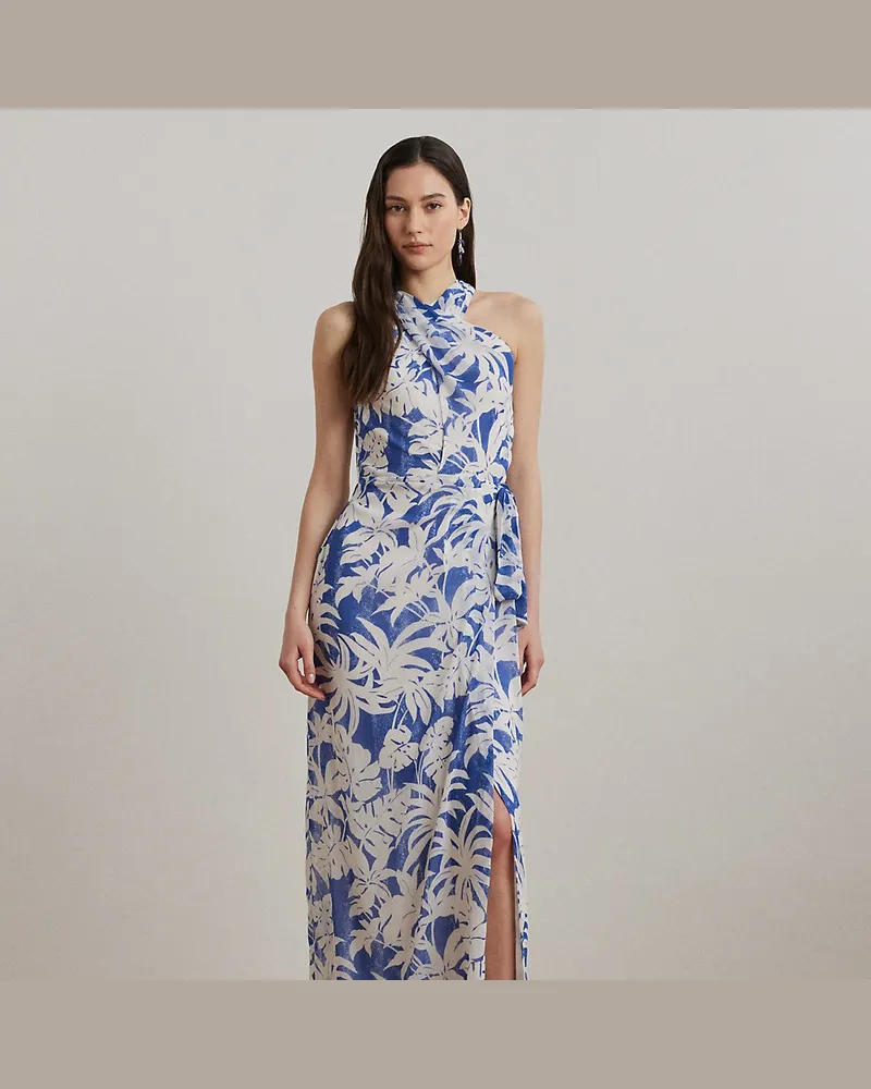 Ralph Lauren Neckholder-Abendkleid mit Palmwedeldruck Blue