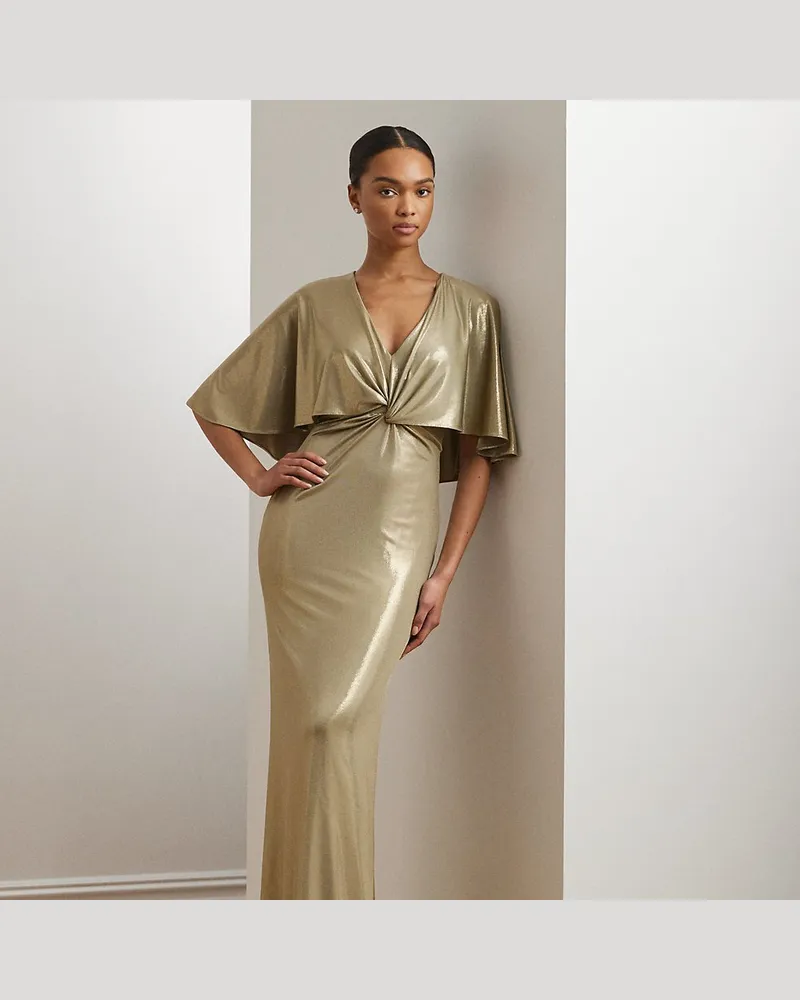 Ralph Lauren Cape-Abendkleid aus Metallic-Jersey Gold