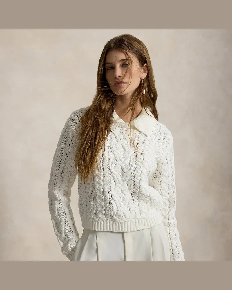 Ralph Lauren Aran-Strickpullover mit Polokragen Cream