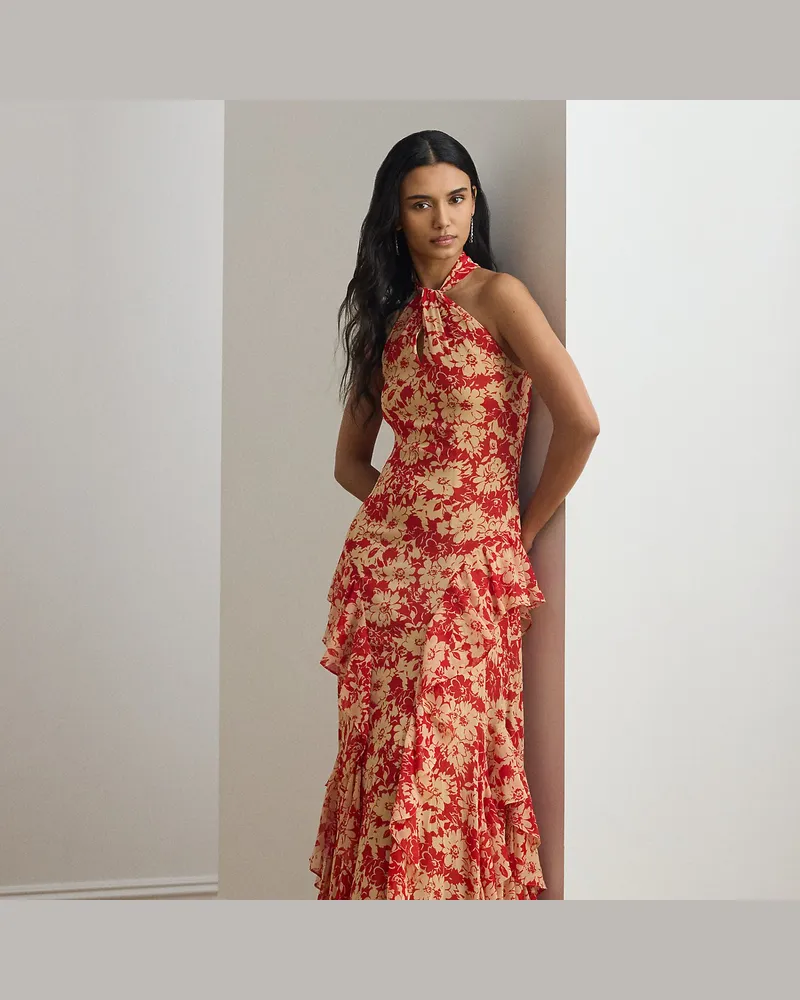 Ralph Lauren Geblümtes Abendkleid mit Rüschenbesatz Red
