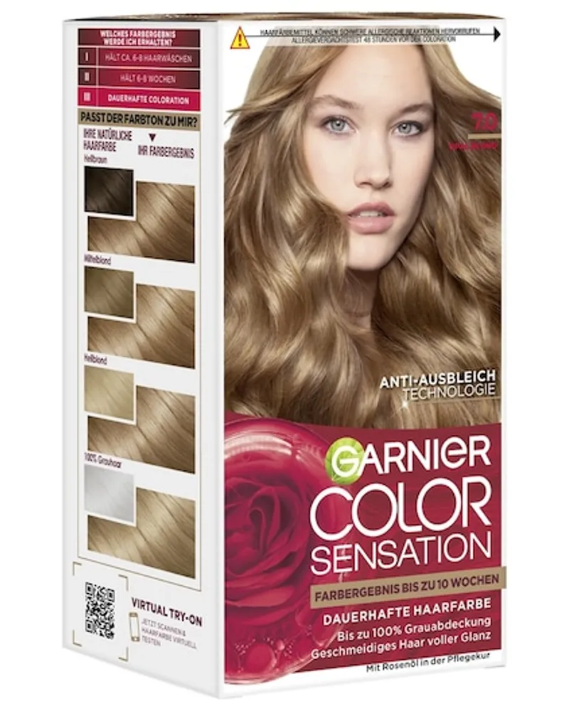 Garnier Haarfarben Color Sensation Dauerhafte Haarfarbe 7.0 Opal Blond 1x Auftrageflasche mit Entwickler-Creme 60 ml + 1x Tube Colorations-Creme 40 ml + 1x Flasche Pflegekur + 1 Paar Handschuhe 