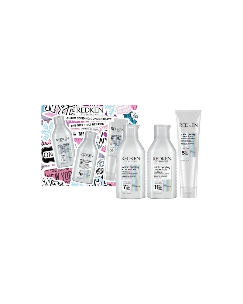 Redken Blondiertes-Haar Acidic-Bonding-ConcentrateAcidic Bonding Concentrate Weihnachtsset 2025 Acidic Bonding Concentrate Shampoo 300 ml + Acidic Bonding Concentrate Conditioner 300 ml + Acidic Bonding Concentrate Leave-in Treatment150 ml 70,60 