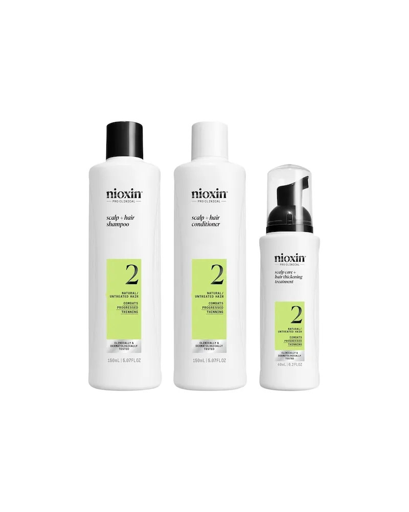 NIOXIN SYSTEM-2 Naturbelassenes,-sichtbar-duenner-werdendes-Haar-Natural Hair Progressed Thinning3-Step-System Set Scalp + Hair Shampoo 150 ml + Scalp + Hair Conditioner 150 ml + Scalp Care + Hair Thickeing Treatment 40 ml 100,38 € / 1 l 