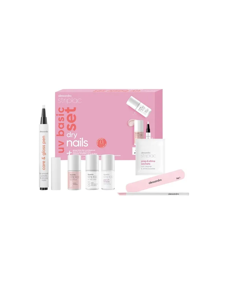 alessandro Naegel Striplac-UV-ColourUV Basic Set Dry Nails UV Colour 103 Pretty Ballerina 6.5 ml + UV Top Coat 001 Clear 6.5 ml + 1x Polierfeile + 1x Hoof Stick + 10x Prep & Shine Sachets + Peel Off Remover 6.5 ml + 1x Care & Gloss Pen 2.8 ml 29,69 