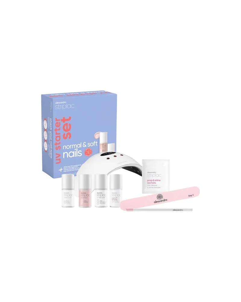 alessandro Naegel Striplac-UV-ColourUV Starter Set Normal & Soft Nails UV Colour 106 Pretty Ballerina 6.5 ml + UV Colour 124 Red Paradise 6.5 ml + Top Coat 001 Clear 6.5 ml + 10x Prep & Shine Sachets + Peel Off Remover 6.5 ml + Prime Coat 6.5 ml + 1x Hoof Stick + 1x Polishing File + 1x Led 5-Finger Lamp 51,99 