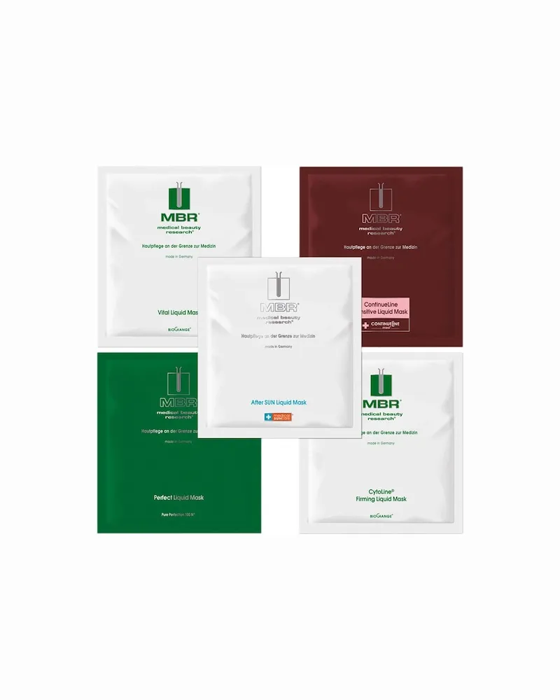 MBR MBR-Medical-Beauty-Research Gesichtspflege BioChangeLiquid Mask Starter Set Vital Liquid Mask 20 ml + CyoLine Firming Liquid Mask 20 ml + Perfect Liquid Mask 20 ml + Sensitive Liquid Mask 20 ml + After Sun Liquid Mask 20 ml 117,00 