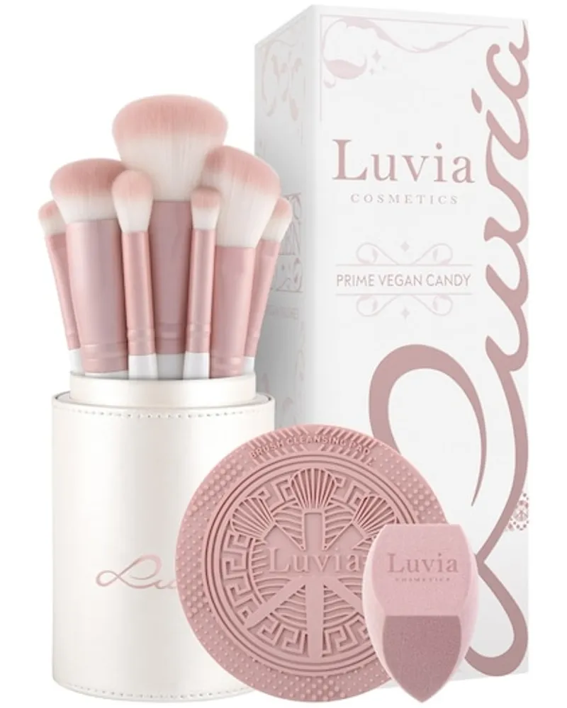 Luvia Cosmetics Pinsel Pinselset Prime Vegan Set Candy Kosmetikpinsel 7 Stk. + Make-up-Schwamm Reinigungspad Verschließbarer Pinselhalter 