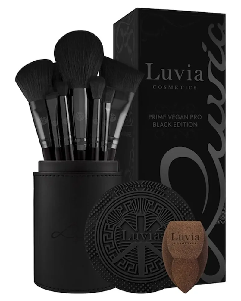 Luvia Cosmetics Pinsel Pinselset Prime Vegan Pro Set Black Kosmetikpinsel 12 Stk. + Make-up-Schwamm Reinigungspad Verschließbarer Pinselhalter 