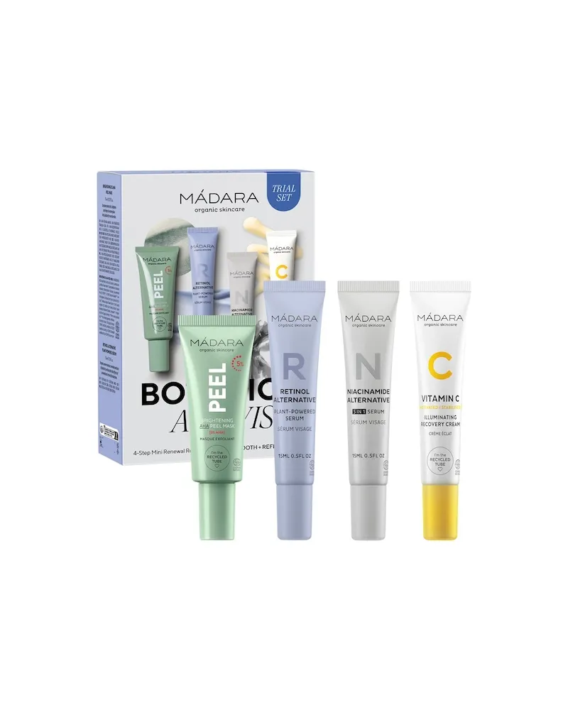 MÁDARA Gesichtspflege Pflege Botanic Activist 4-Step Mini Renewal Routine Set Retinol Alternative Serum 15 ml + Niacinamide Alternative Serum 15 ml + Peel Aufhellende 5% AHA Peeling Maske 17 ml + Vitamin C Regenerationscreme für strahlende Haut 15 ml 