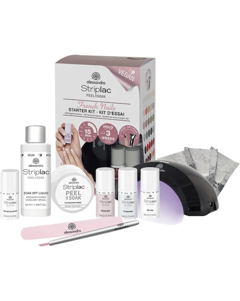 alessandro Make-up Striplac Peel Or Soak French Starter Kit - Vegan LED Lampe + 50 Cleansing Pads + Striplac French Rosé 5 ml + Striplac Tip Whitener 5 ml + Striplac Top Coat 5 ml + Hufstäbchen + Polierfeile + Soak Off Liquid 50 ml + Peel Off Activator 5 ml + 10 Soak Off Remover Wraps 