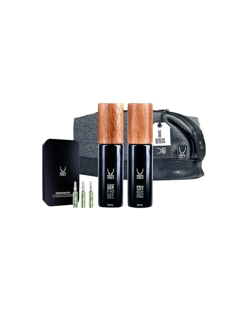 EBENHOLZ Skincare Herrenpflege Gesichtspflege Gesichtspflegeset Cleanser Frische Gel 90 ml + Protect Balm Anti Stress 90 ml + Regenerator Ampullen 7 x 2 ml + Kulturtasche 1 Stk (129.00 € / 1 Stk