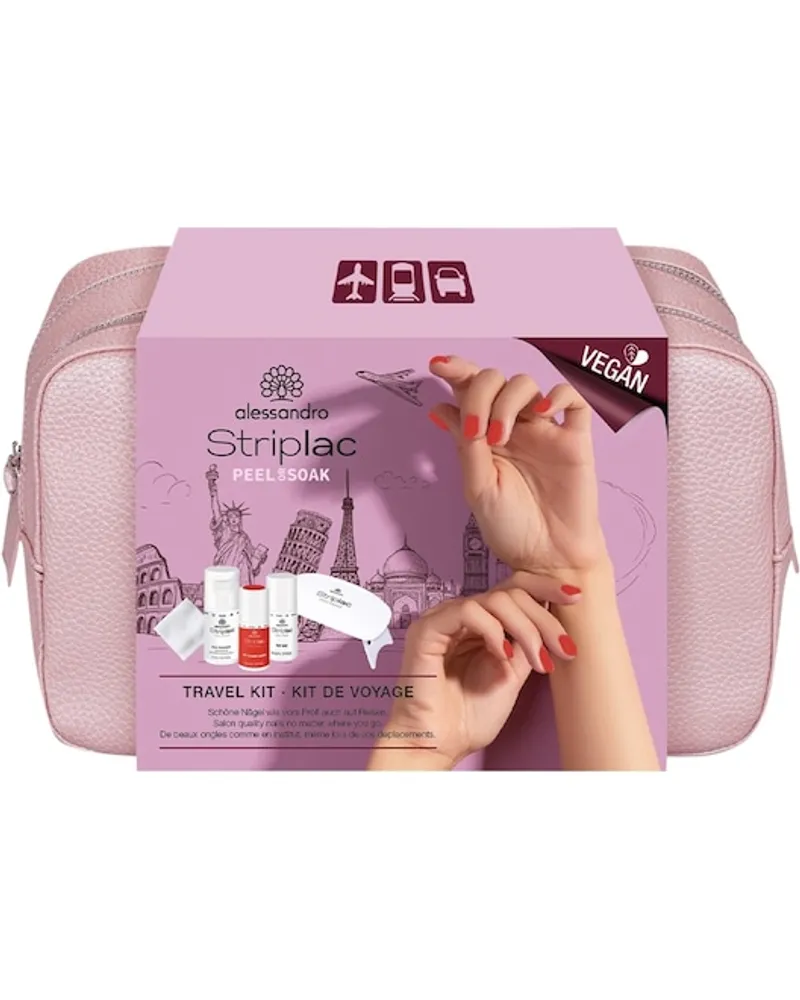 alessandro Nägel Striplac Peel Or Soak Sets Travel Kit Summer Sunset - Vegan Reinigungspads + Striplac Top Coat 5 ml + Reiniger 15 ml + Kosmetiktasche Rosé + Striplac Summer Sunset 3 ml + Reiselampe Mini 