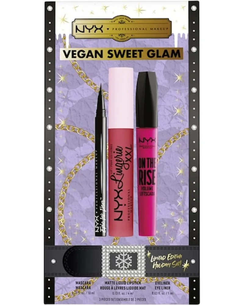 NYX Cosmetics Augen Make-up Mascara X-mas Vegan Sweet Glam Epic Ink Liner 1 ml + Lingerie XXL Liquid Matte Lipstick 4 ml + On The Rise Volume Mascara 10 ml 