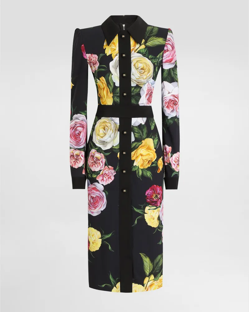 Dolce & Gabbana Longuette-blusenkleid Aus Cady Pfingstrosen- Und Rosenprint - Frau Kleider Drucken Drucken