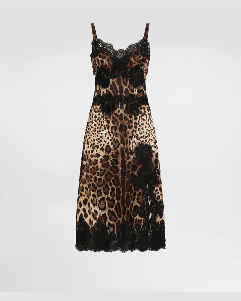 Dolce & Gabbana Midi Slip Dress Aus Leoprint-satin Mit Spitzenbordüre - Frau Kleider Animalprint Baumwolle Animal-print
