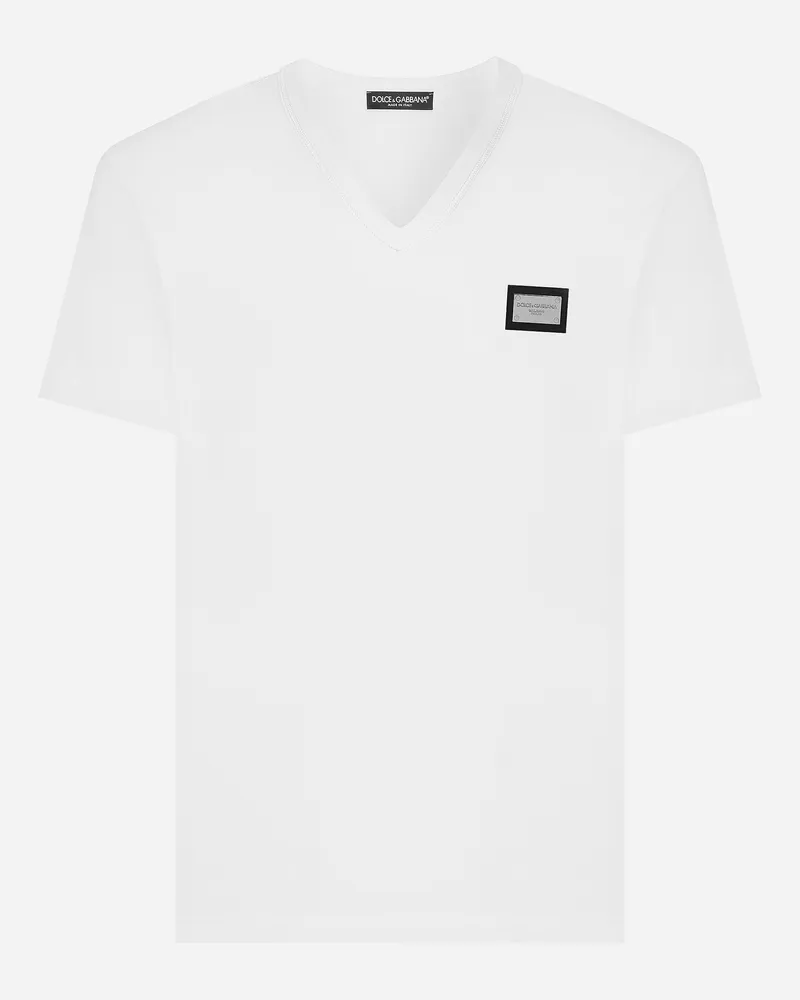 Dolce & Gabbana Baumwoll-t-shirt V-ausschnitt Mit Logoplakette - Mann T-shirts Und Polos Wei� Baumwolle Weiss
