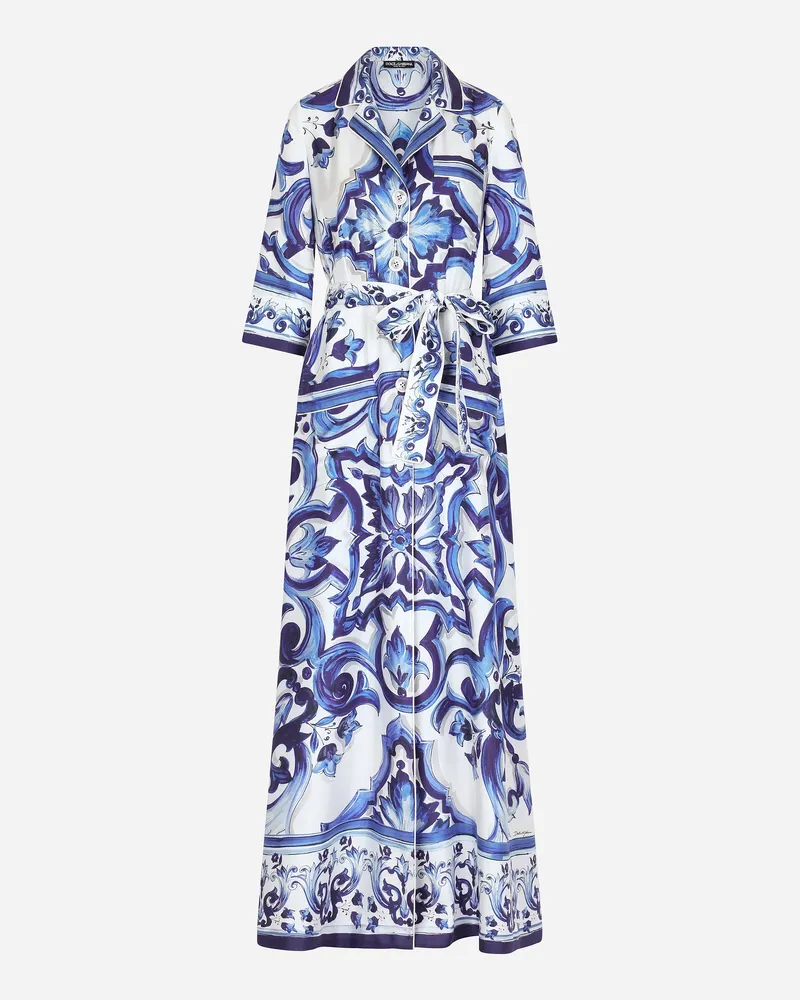Dolce & Gabbana Langes Hemdblusenkleid Aus Twill Majolika-print - Frau Mäntel Und Jacken Blau Seide Mehrfarbig