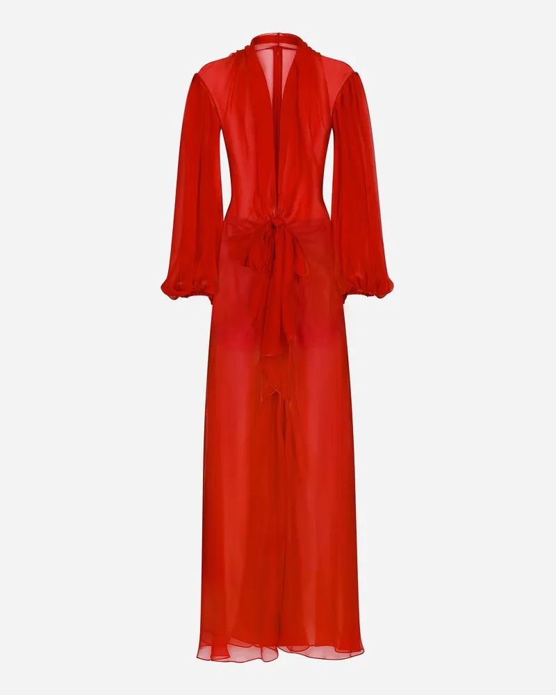 Dolce & Gabbana Langes Kleid aus Seidenchiffon mit Schleife Burgunderrot