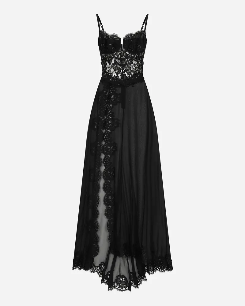 Dolce & Gabbana Langes Slip Dress Aus Seidenchiffon Und Chantilly-spitze - Frau Kleider Schwarz Seide Schwarz